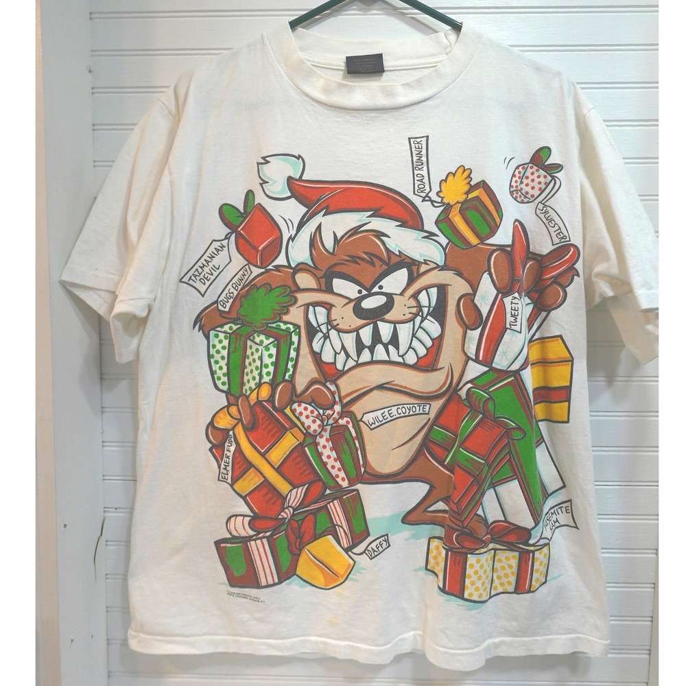 Vintage TAZ Grail T-Shirt Men's XL Changes Front & Back Xmas Graphic *runs small